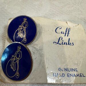 NEW Vintage 1960's Large Blue Enamel Bicycle Cuff Links